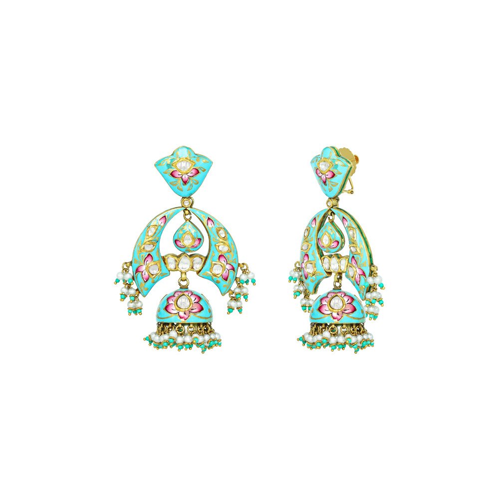 Pastel Enamel Jhumkas with Pearl and Turquoise Danglings